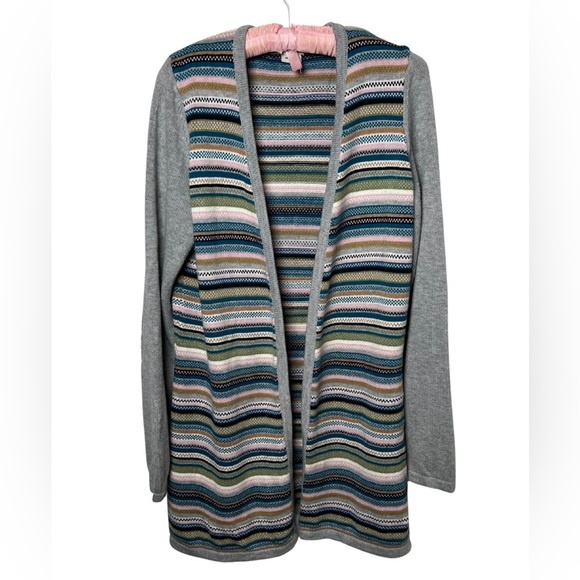 Orvis Sweaters - Orvis Wool Blend Long Cardigan Multicolour Striped Elbow Patches Women’s Medium